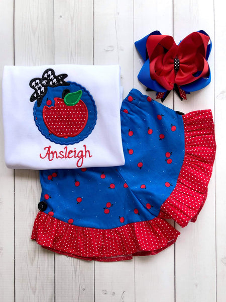 Back To School Embroidered Apple Frame Shirt and Ruffle Short Set