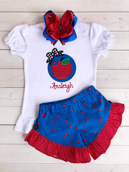 Back To School Embroidered Apple Frame Shirt and Ruffle Short Set