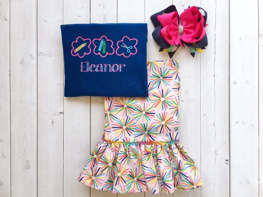 Pencil, Crayon, and Scissors Sketch Girls NAVY Shirt and Pant Set