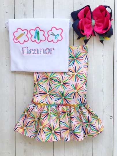Pencil, Crayon, and Scissors Sketch Girls WHITE Shirt and Pant Set