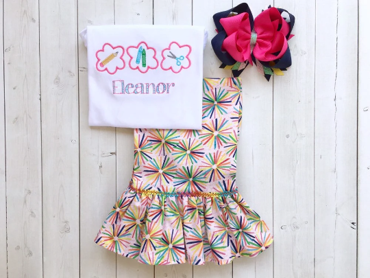 Pencil, Crayon, and Scissors Sketch Girls WHITE Shirt and Pant Set