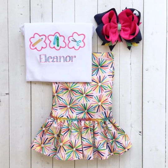 Pencil, Crayon, and Scissors Sketch Girls WHITE Shirt and Pant Set