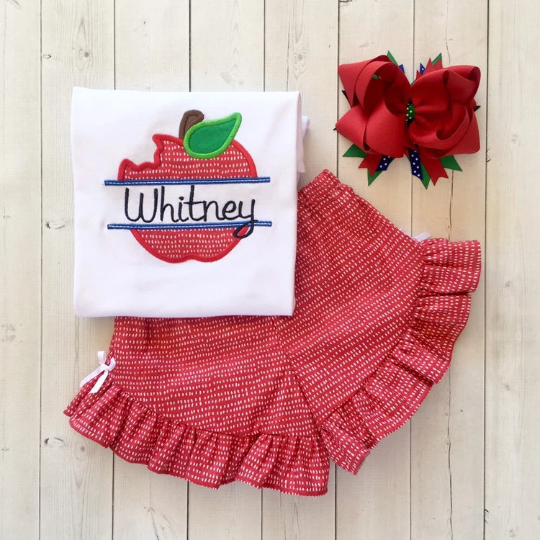Back To School Embroidered Red Apple Shirt and Ruffle Short Set