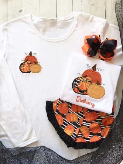 Three Little Pumpkins Embroidered Girls Shirt and Ruffle Short Set