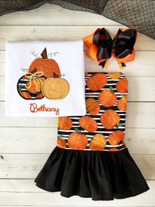 Three Little Pumpkins Embroidered Girls Shirt and Ruffle Pant Set