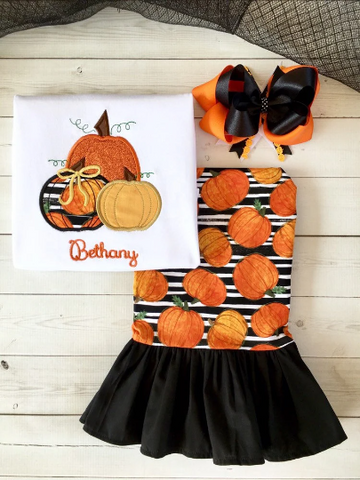 Three Little Pumpkins Embroidered Girls Shirt and Ruffle Pant Set