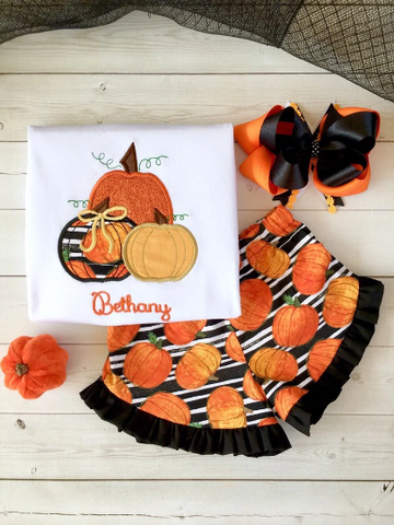 Three Little Pumpkins Embroidered Girls Shirt and Ruffle Short Set