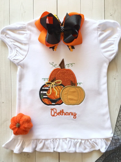 Three Little Pumpkins Embroidered Girls Shirt and Ruffle Short Set