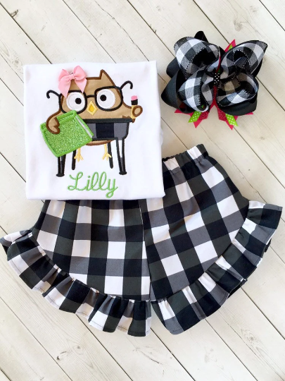 Sassy Embroidered Owl Shirt and Ruffle Short Set