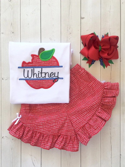 Back To School Embroidered Red Apple Shirt and Ruffle Short Set