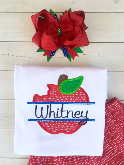 Back To School Embroidered Red Apple Shirt and Ruffle Short Set